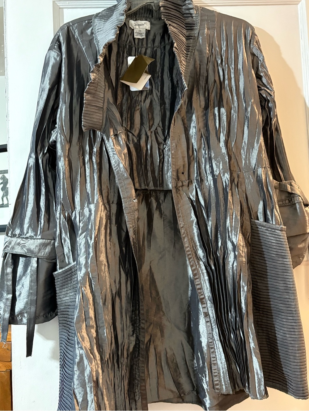Elegant Metallic Gray Womens Pleated Coat